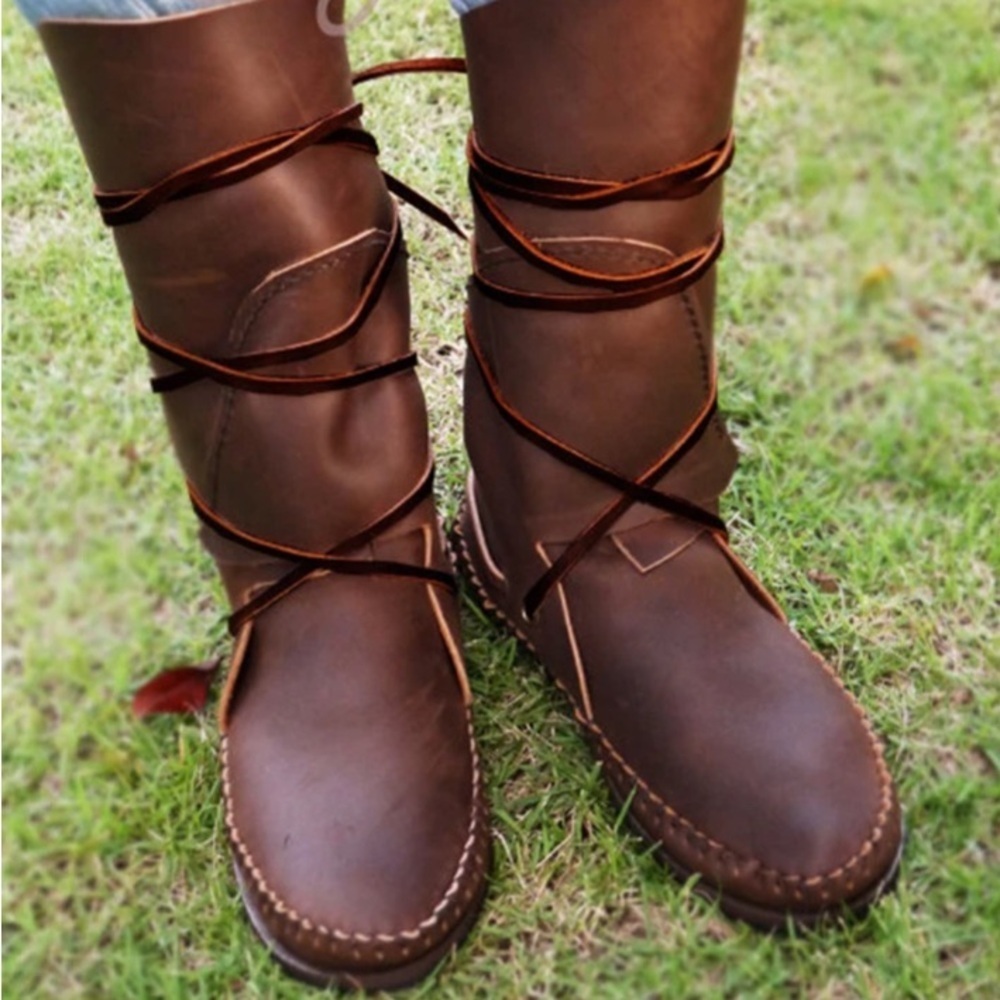 Handmade Leather Wrap Boots Brown LARP Ren Faire Elf Festival Cottagecore 8.5